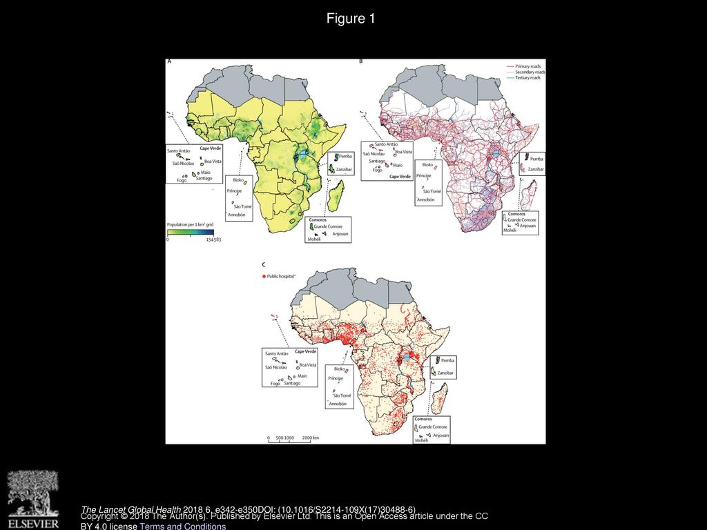 Figure 1 Population density, road network coverage, and locations of public hospitals in sub-Saharan Africa in