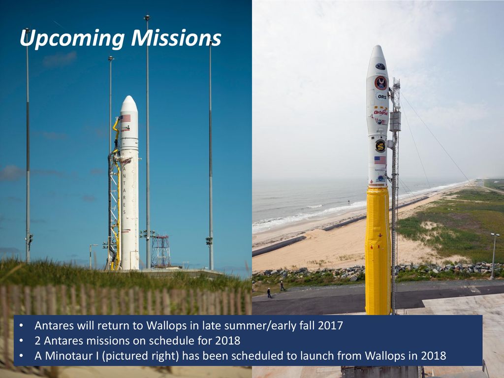 Upcoming Missions Antares will return to Wallops in late summer/early fall Antares missions on schedule for