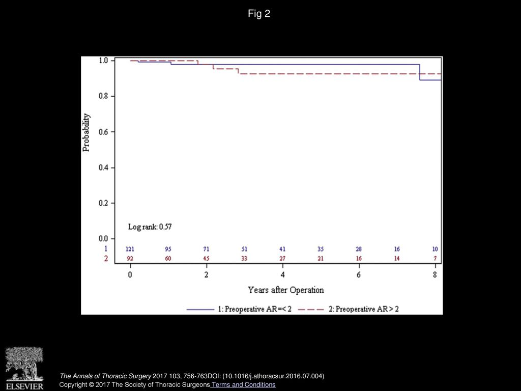 Fig 2 Disease-free survival curve for aortic regurgitation (AR) >2 by preoperative AR group (n = 213).