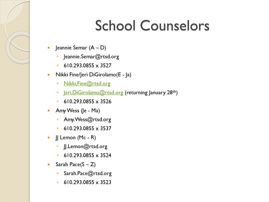 School Counselors Jeannie Semar (A – D)