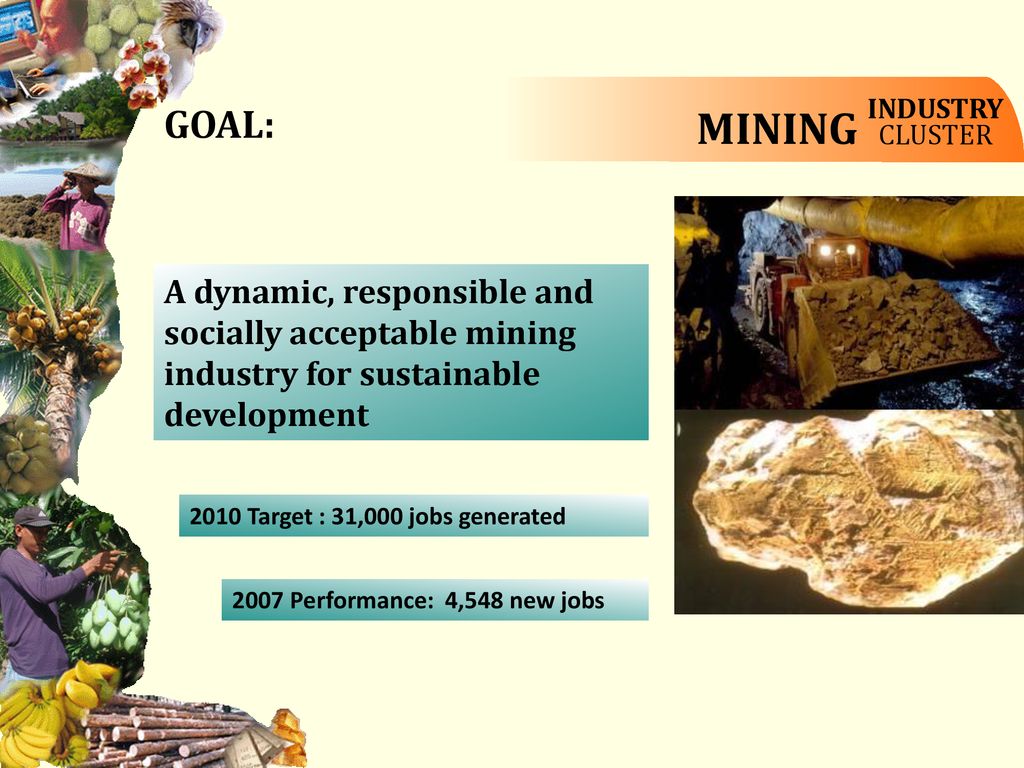 MINING INDUSTRY. CLUSTER. GOAL: A dynamic, responsible and socially acceptable mining industry for sustainable development.