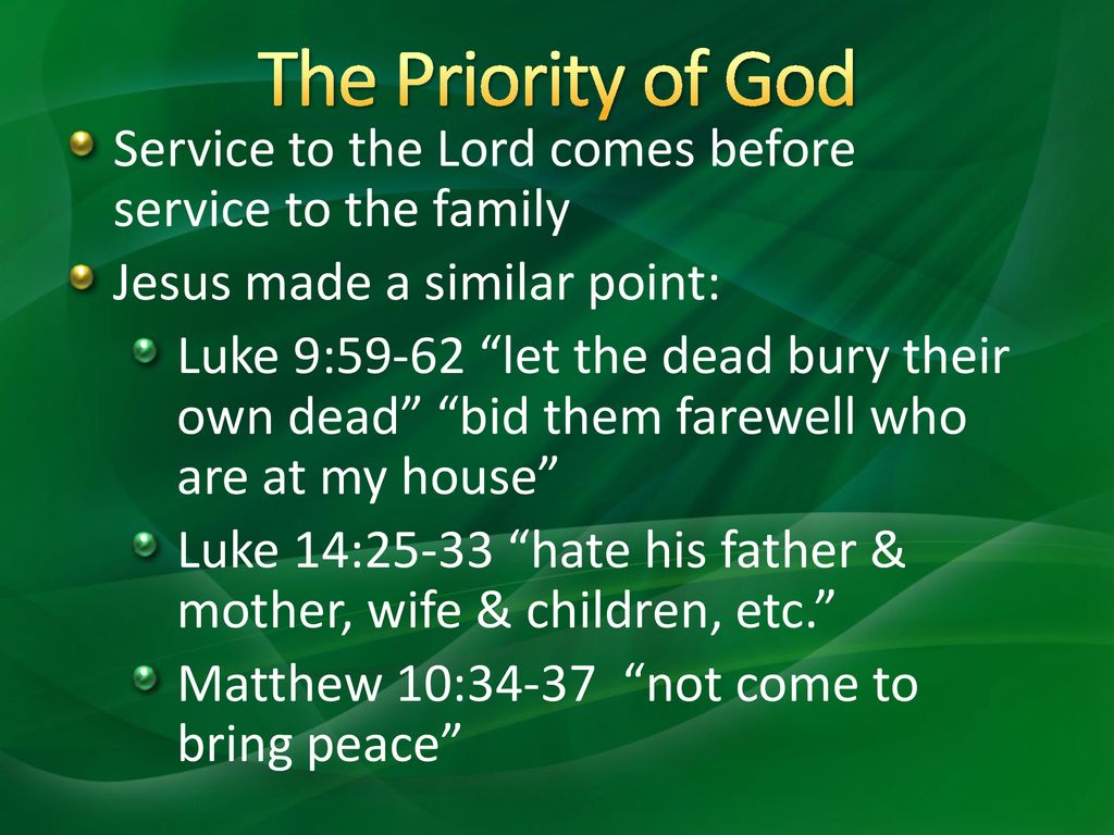2/19/ :19 AM The Priority of God. Service to the Lord comes before service to the family. Jesus made a similar point: