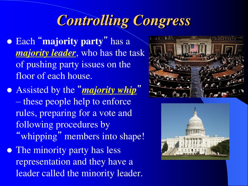 Controlling Congress Each majority party has a majority leader, who has the task of pushing party issues on the floor of each house.