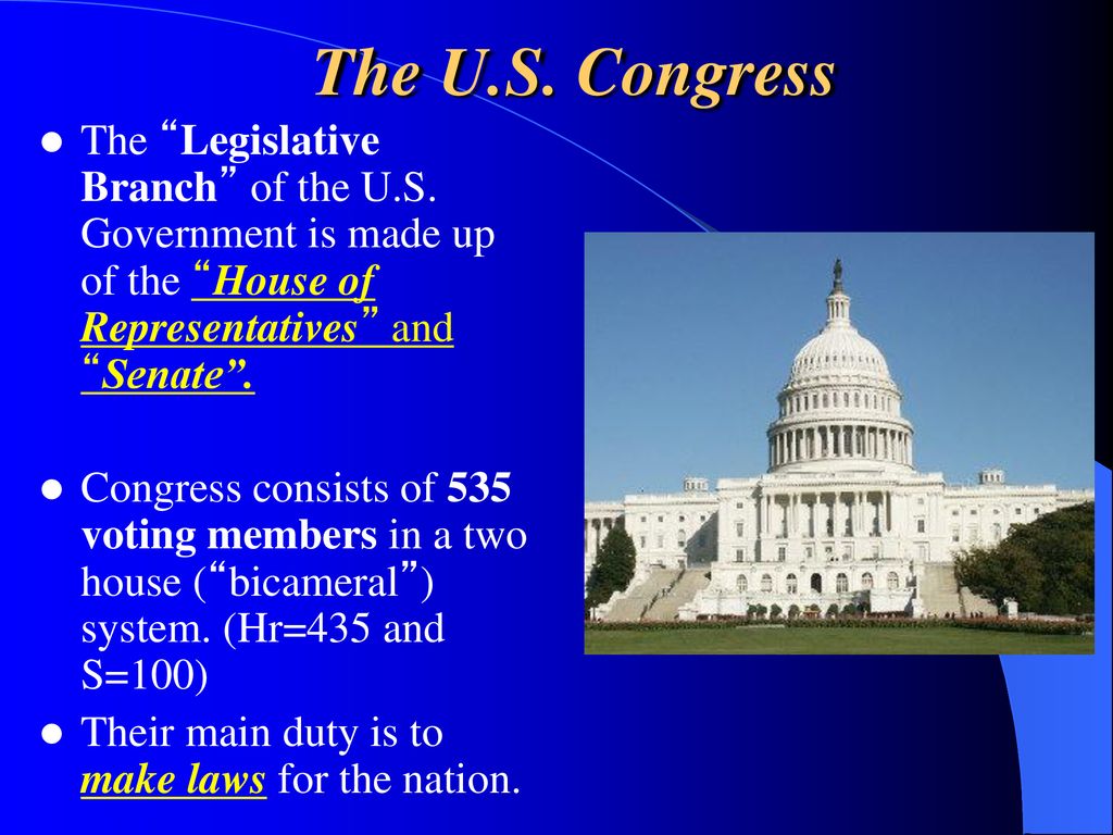 The U.S. Congress The Legislative Branch of the U.S. Government is made up of the House of Representatives and Senate .