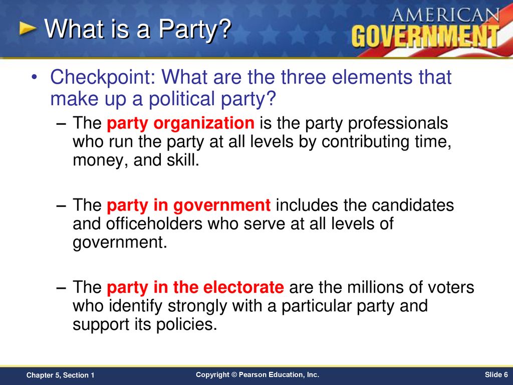 What is a Party Checkpoint: What are the three elements that make up a political party