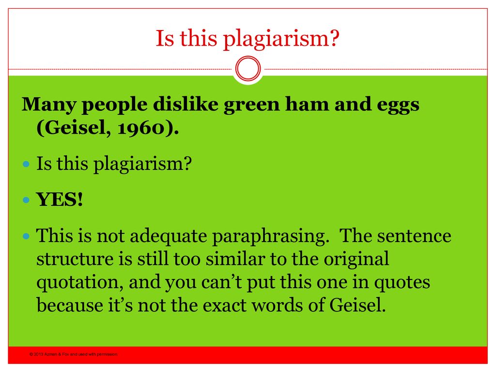 Is this plagiarism Many people dislike green ham and eggs (Geisel, 1960). Is this plagiarism YES!