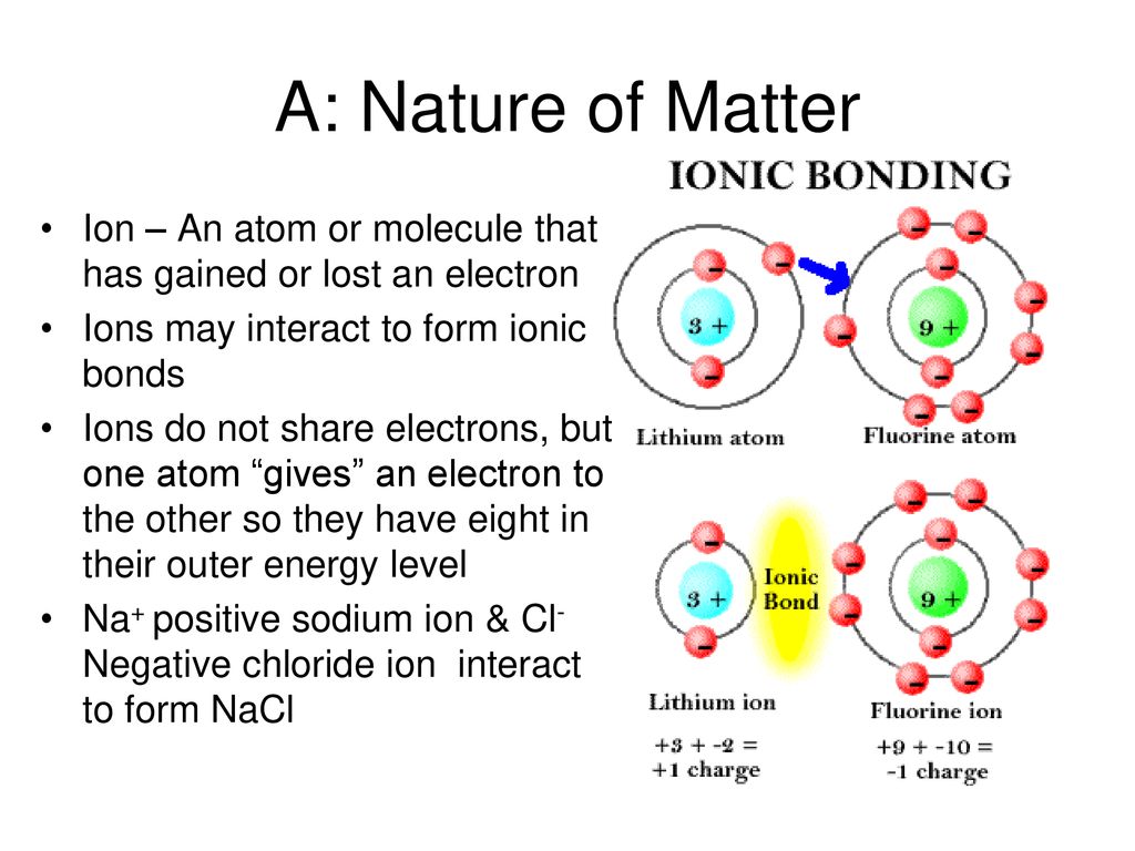 A: Nature of Matter Ion – An atom or molecule that has gained or lost an electron. Ions may interact to form ionic bonds.