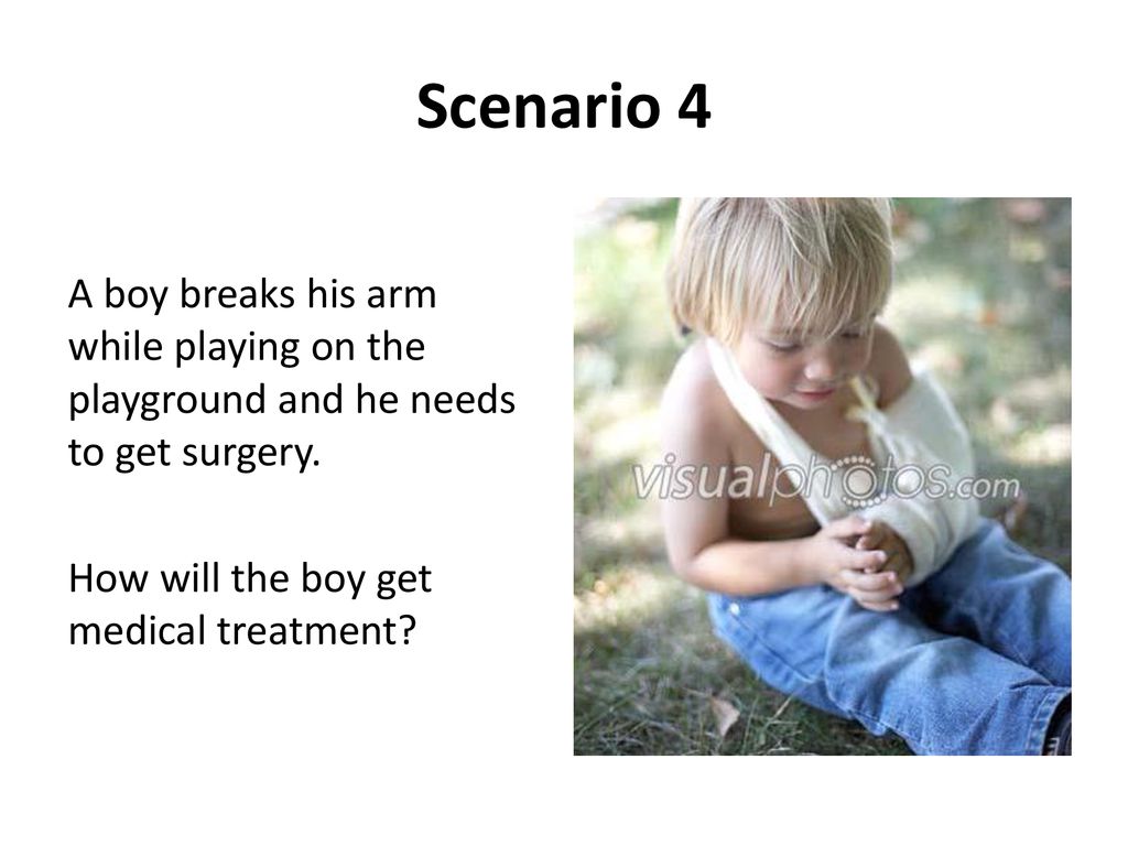 Scenario 4 A boy breaks his arm while playing on the playground and he needs to get surgery.