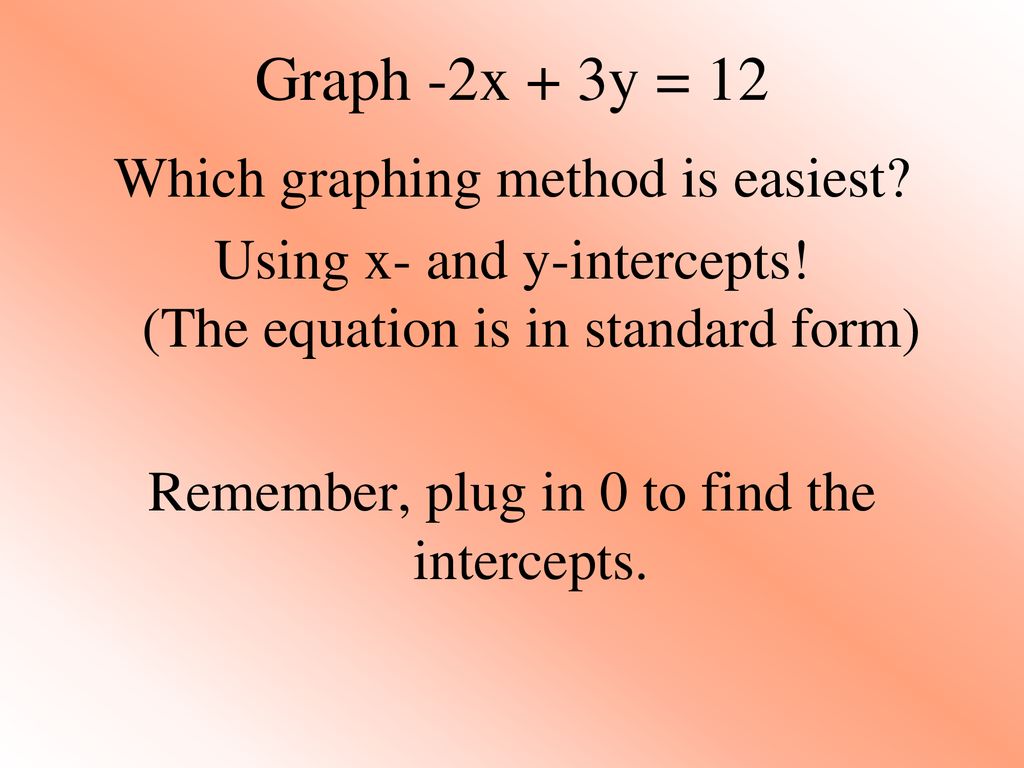 Graph -2x + 3y = 12 Which graphing method is easiest