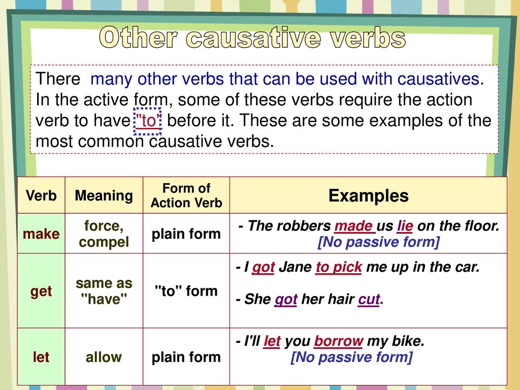 Causative voice. Causative verbs в английском. Каузативная форма глагола. Каузативная форма пассивного залога. Каузативные глаголы в английском.