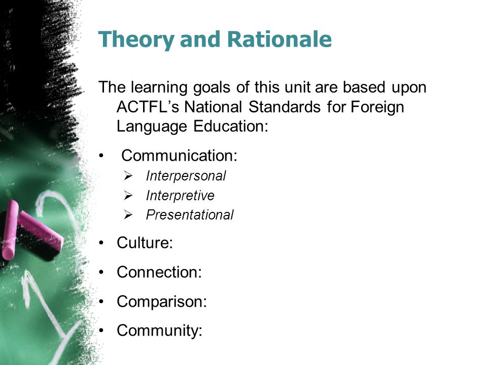 Theory and Rationale The learning goals of this unit are based upon ACTFL’s National Standards for Foreign Language Education: