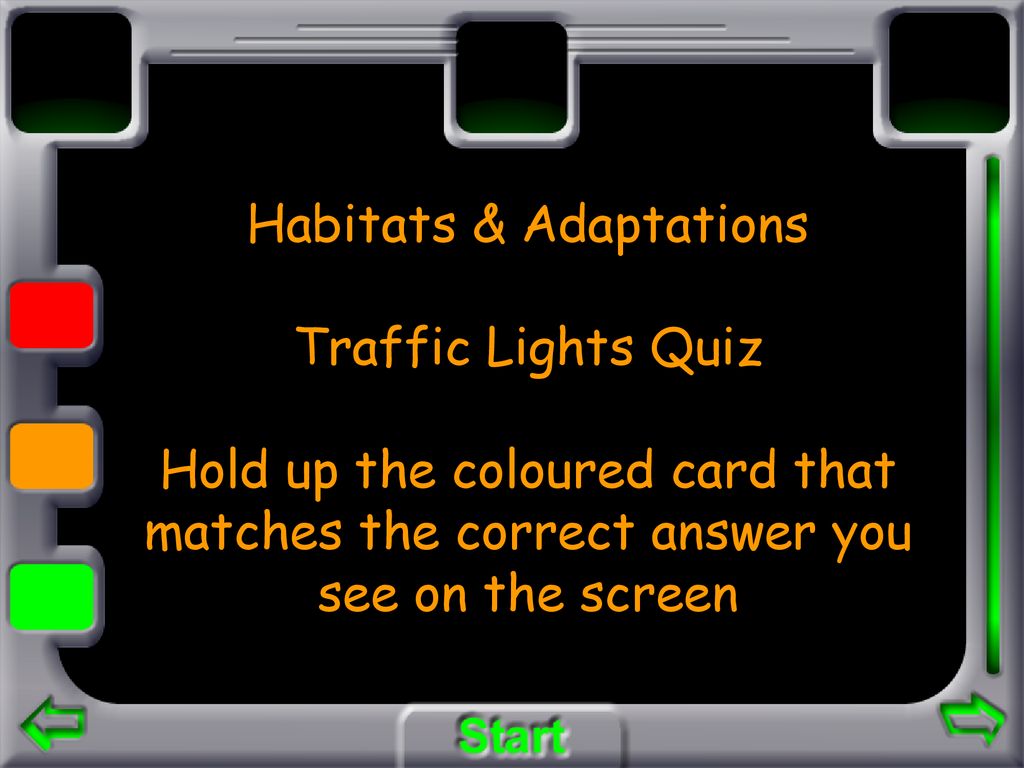 Habitats & Adaptations Traffic Lights Quiz Hold up the coloured card that matches the correct answer you see on the screen