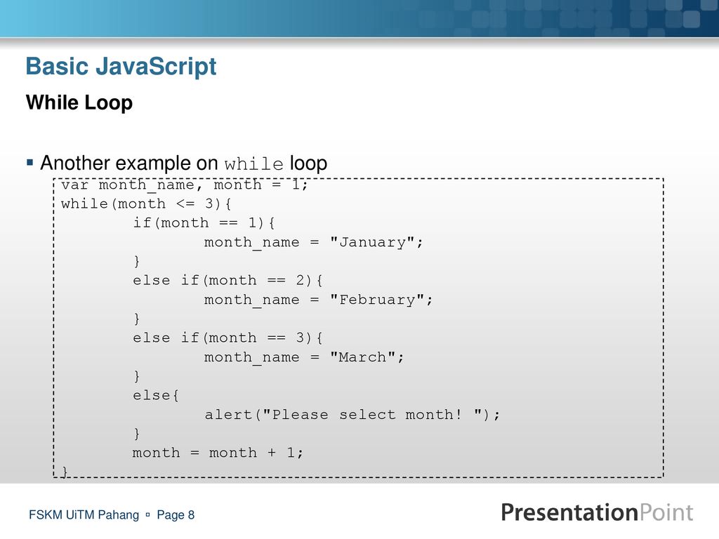 Basic JavaScript While Loop Another example on while loop