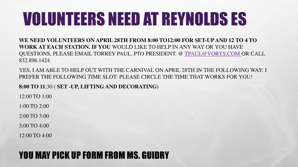 Volunteers need at Reynolds ES