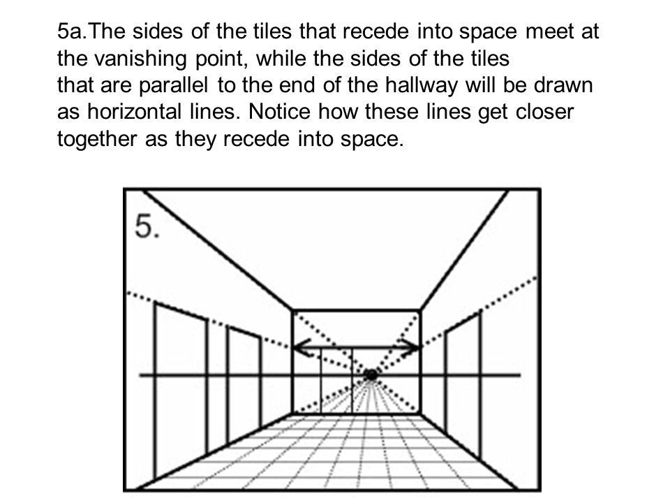 5a.The sides of the tiles that recede into space meet at the vanishing point, while the sides of the tiles that are parallel to the end of the hallway will be drawn as horizontal lines.