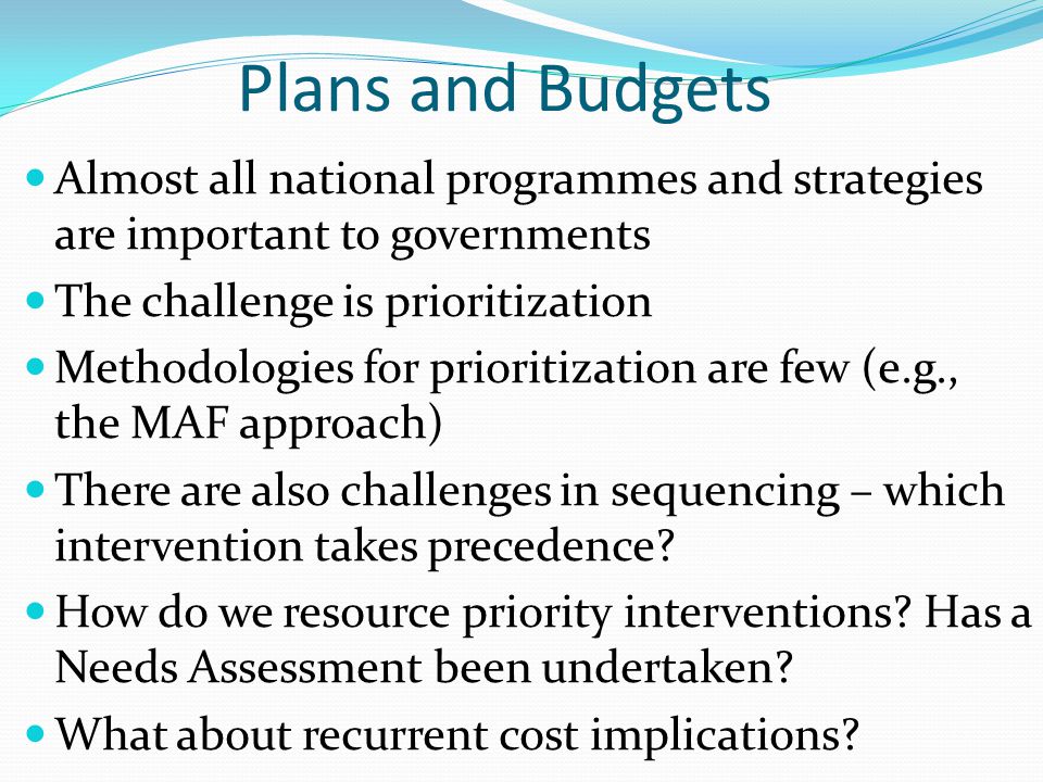 Plans and Budgets Almost all national programmes and strategies are important to governments. The challenge is prioritization.
