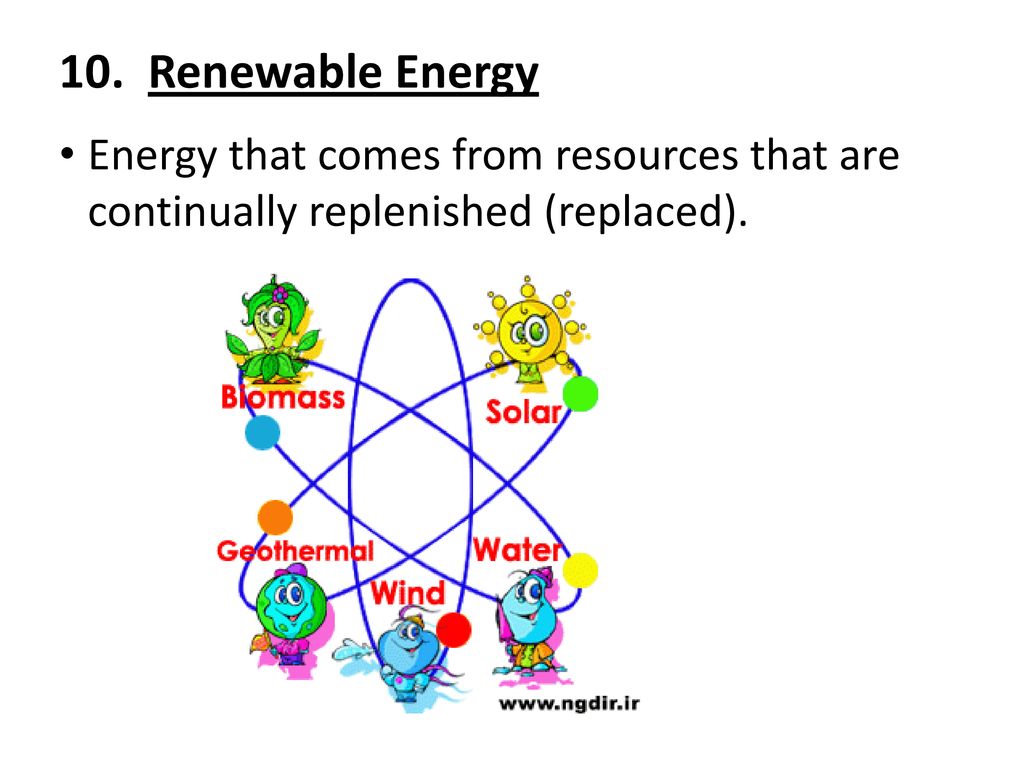 10. Renewable Energy Energy that comes from resources that are continually replenished (replaced).
