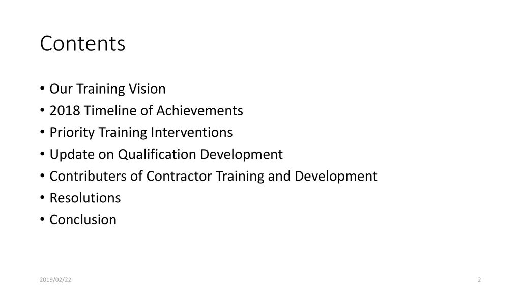 Contents Our Training Vision 2018 Timeline of Achievements