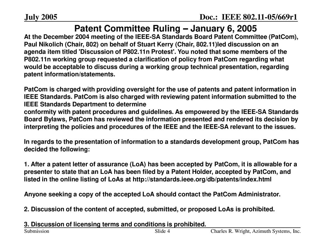 Patent Committee Ruling – January 6, 2005