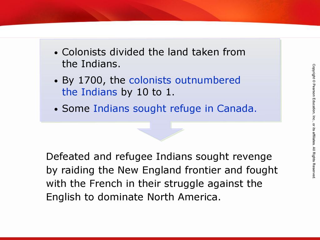 Colonists divided the land taken from the Indians.
