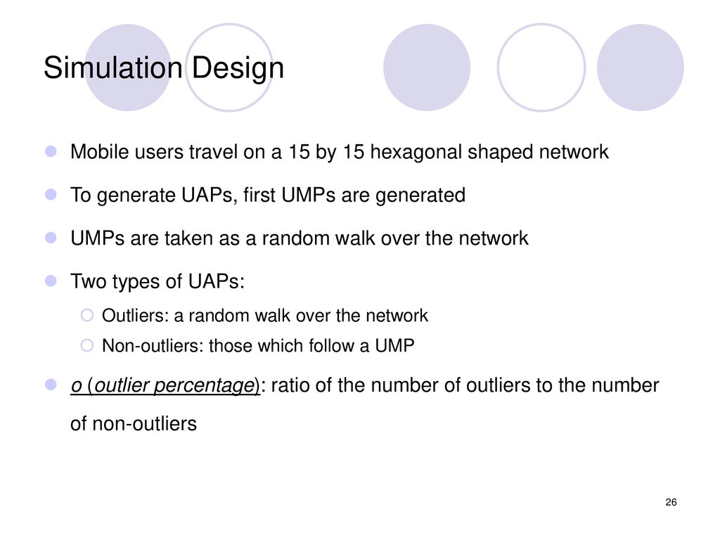 Simulation Design Mobile users travel on a 15 by 15 hexagonal shaped network. To generate UAPs, first UMPs are generated.