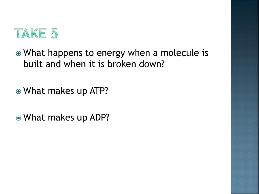 Take 5 What happens to energy when a molecule is built and when it is broken down What makes up ATP