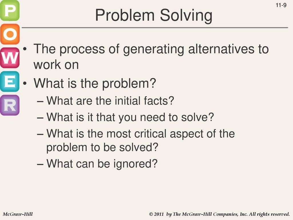 Problem Solving The process of generating alternatives to work on