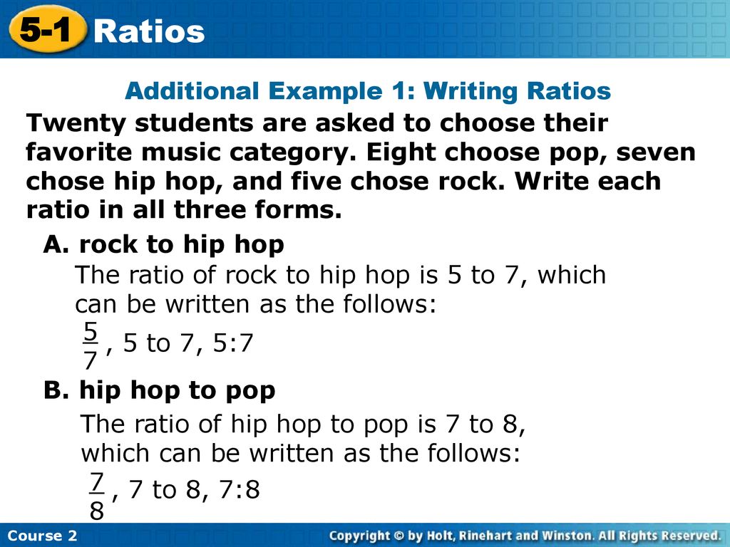 Additional Example 1: Writing Ratios