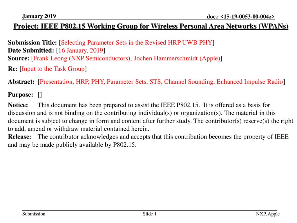 January 2019 Project: IEEE P Working Group for Wireless Personal Area Networks (WPANs)