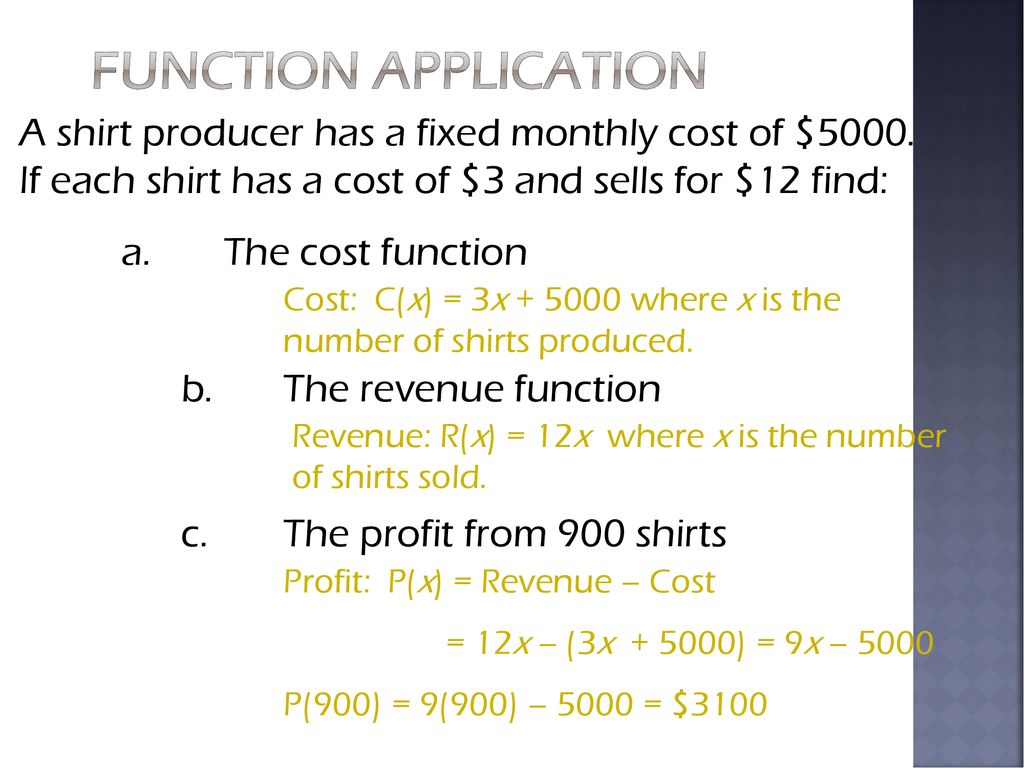 Function Application A shirt producer has a fixed monthly cost of $5000. If each shirt has a cost of $3 and sells for $12 find: