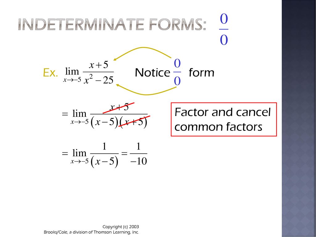 Indeterminate Forms: Ex. Notice form Factor and cancel common factors