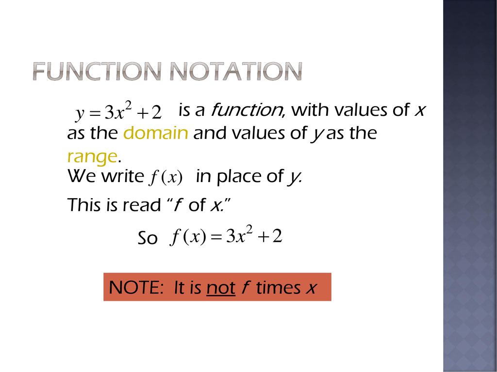 Function Notation is a function, with values of x as the domain and values of y as the range. We write.