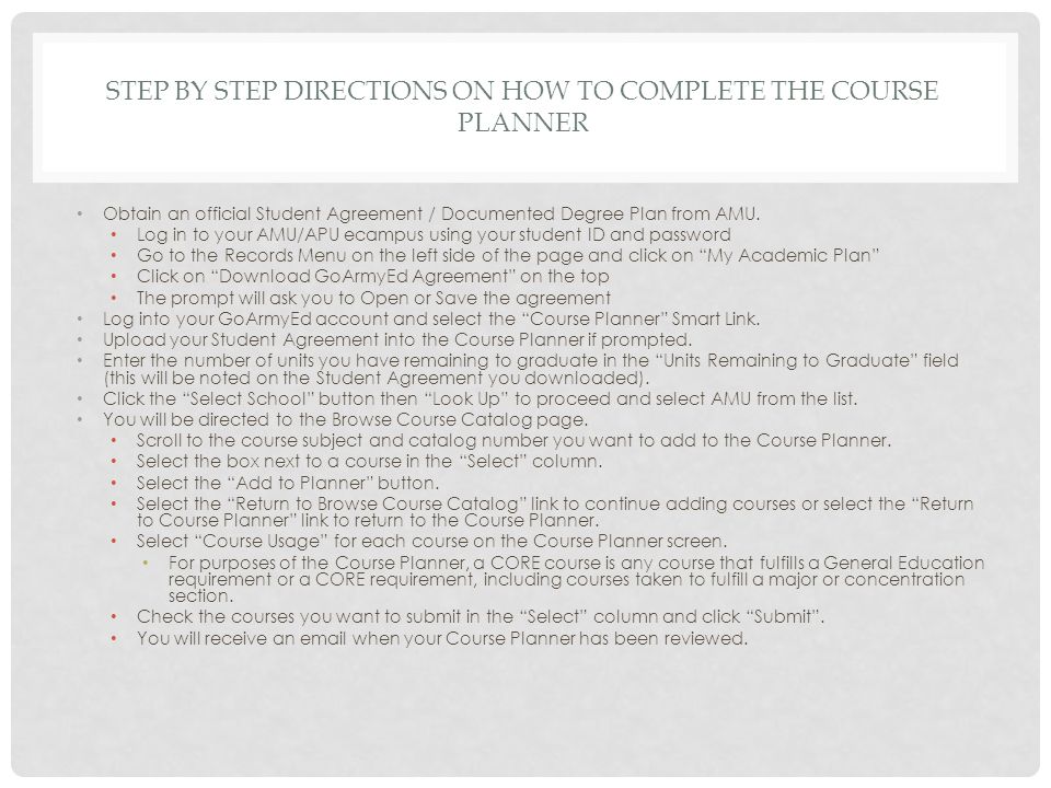 Step by step directions on how to complete the course Planner