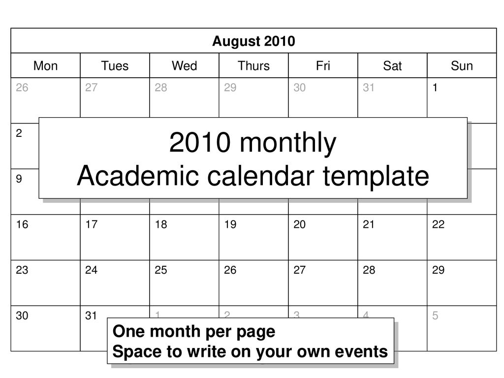 2010 monthly Academic calendar template ppt download