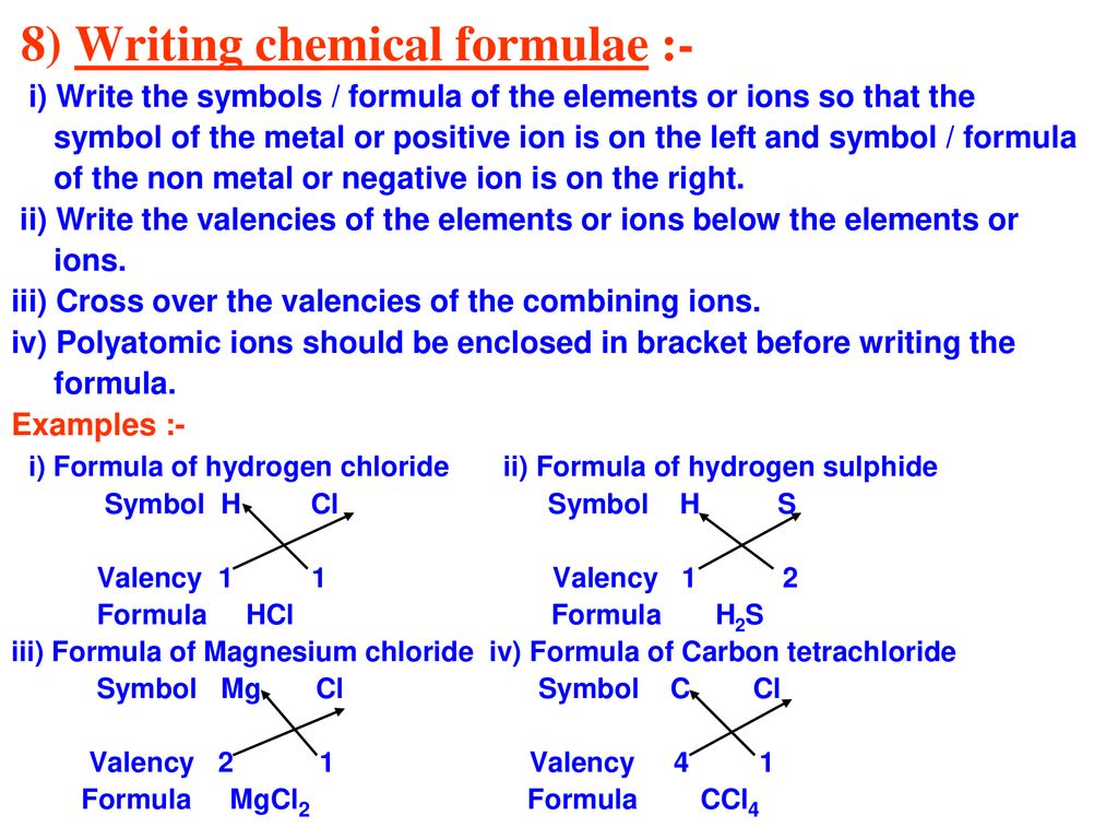 8) Writing chemical formulae :-