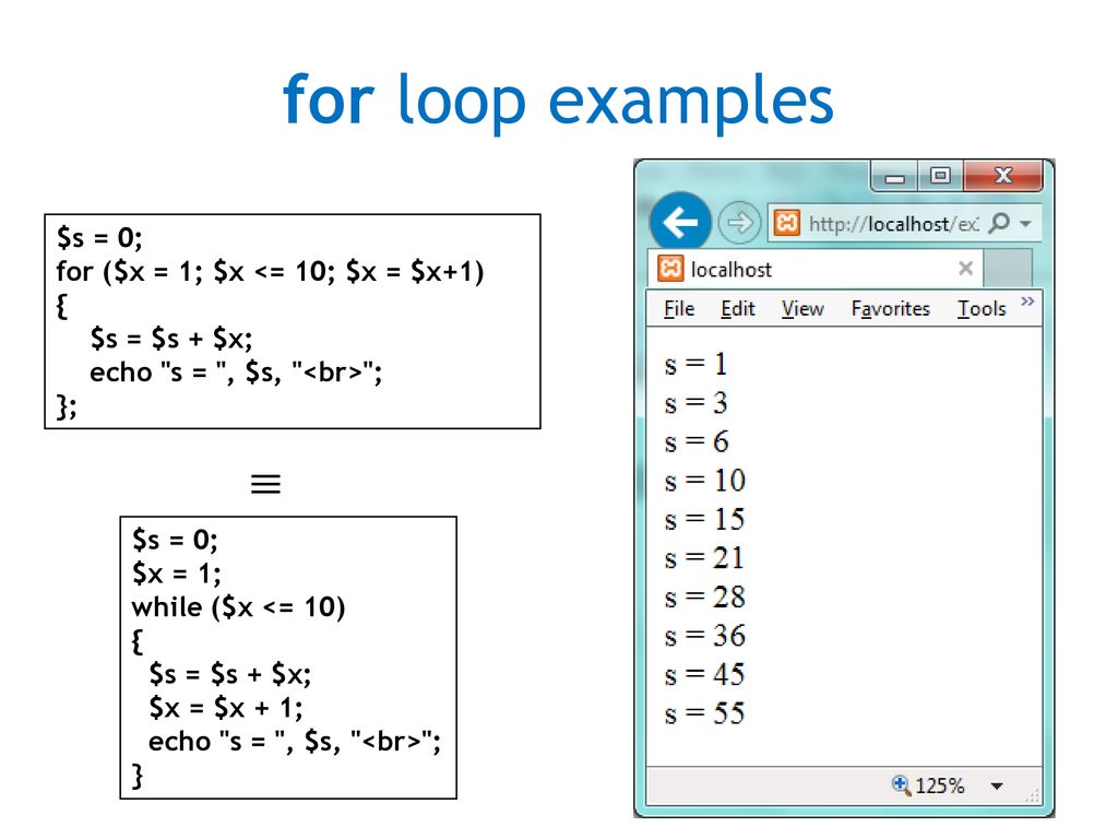 for loop examples  $s = 0; for ($x = 1; $x <= 10; $x = $x+1) {