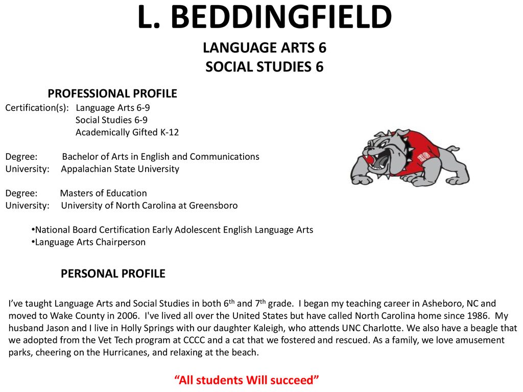L BEDDINGFIELD LANGUAGE ARTS 6 SOCIAL STUDIES 6 PROFESSIONAL PROFILE