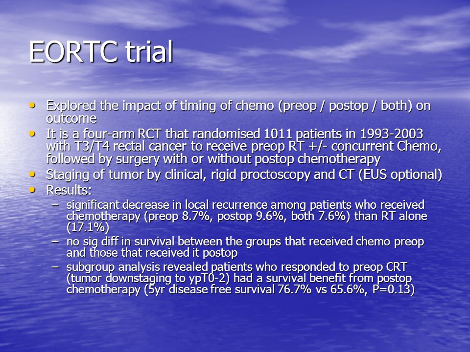 EORTC trial Explored the impact of timing of chemo (preop / postop / both) on outcome.