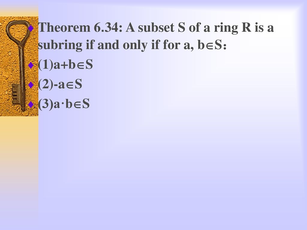 Theorem 6.34: A subset S of a ring R is a subring if and only if for a, bS：