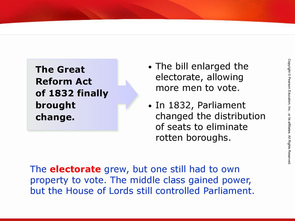 The bill enlarged the electorate, allowing more men to vote.