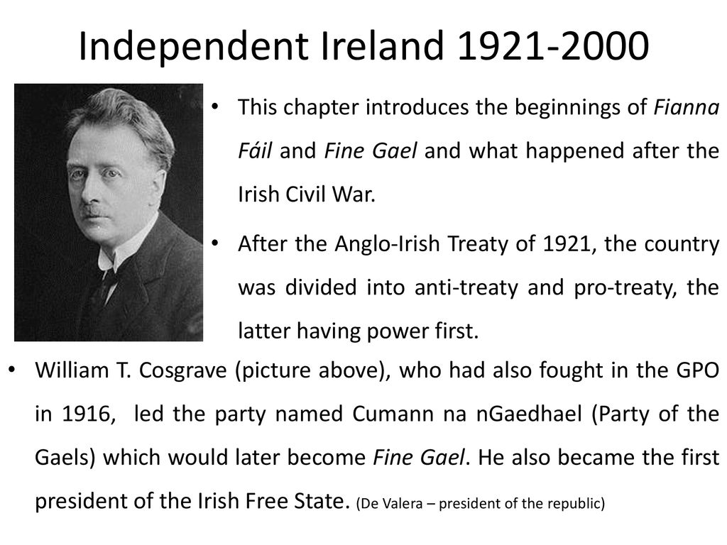 Independent Ireland This chapter introduces the beginnings of Fianna Fáil and Fine Gael and what happened after the Irish Civil War.