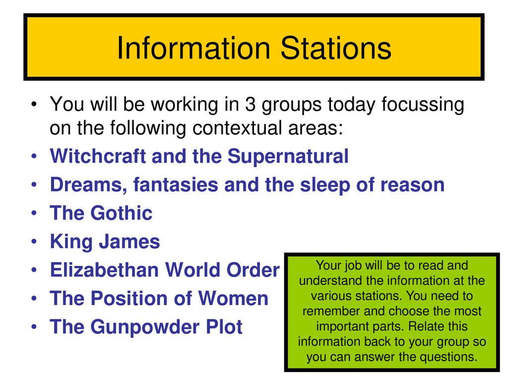 Information Stations You will be working in 3 groups today focussing on the following contextual areas: