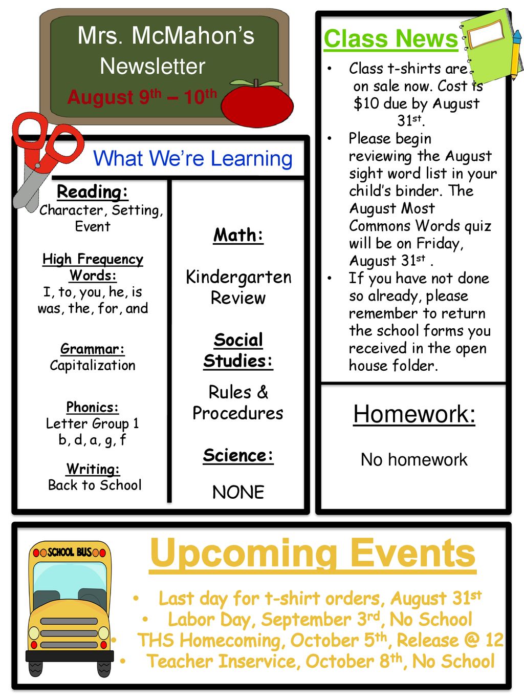 Upcoming Events Mrs. McMahon’s Class News Homework: Newsletter - ppt ...