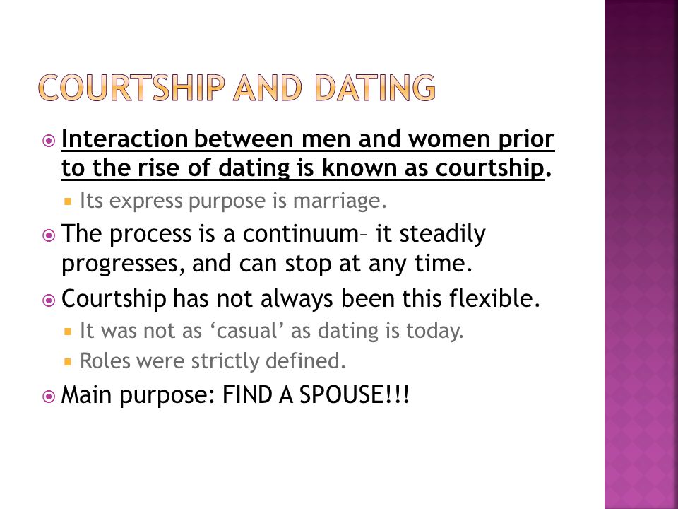 Courtship and dating Interaction between men and women prior to the rise of dating is known as courtship.