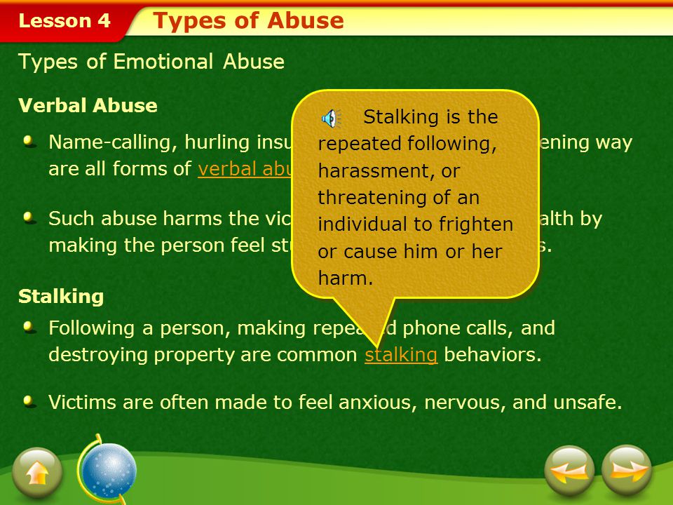 Types of Abuse Types of Emotional Abuse Verbal Abuse