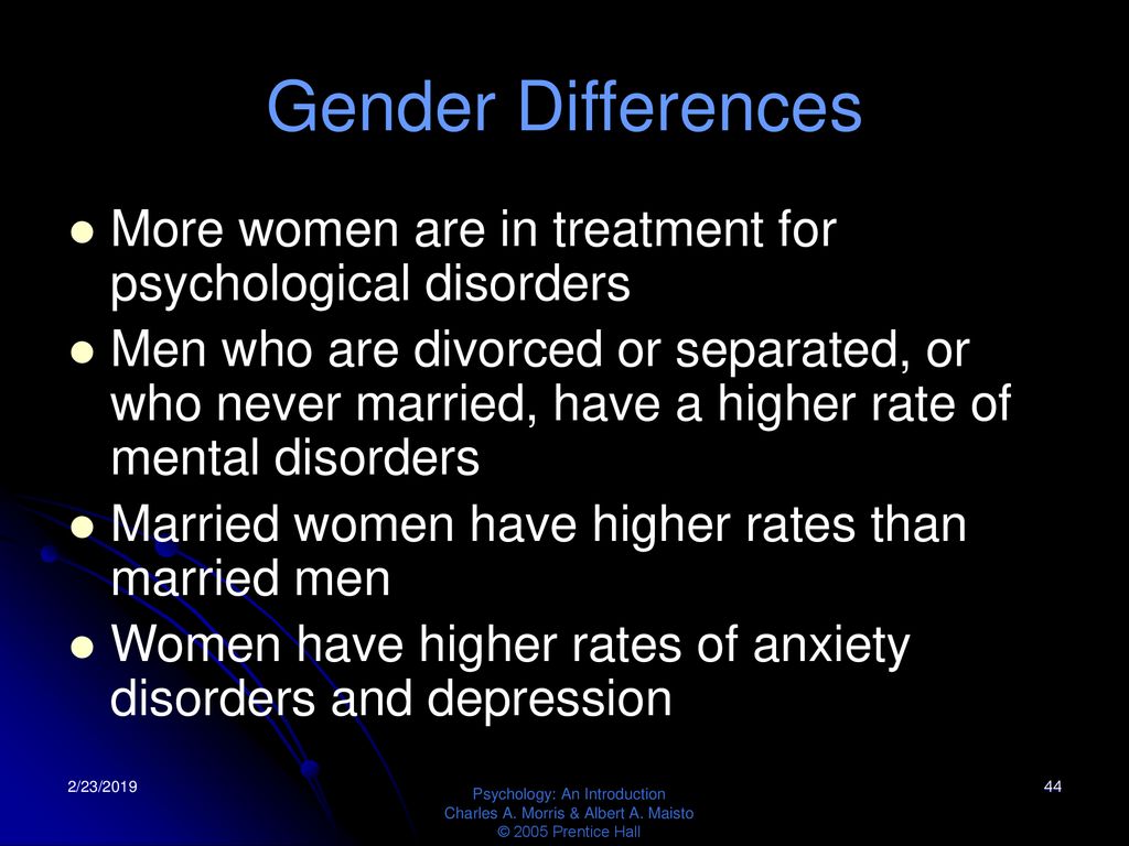 Gender Differences More women are in treatment for psychological disorders.