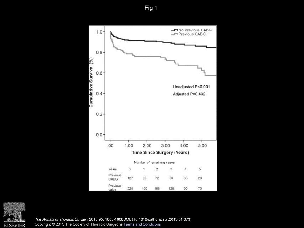 Fig 1 Kaplan-Meier actuarial survival curves according to previous surgery. (CABG = coronary artery bypass grafting.)