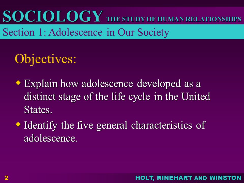 Objectives: Section 1: Adolescence in Our Society