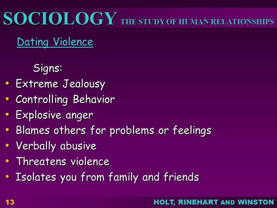 Dating Violence Signs: Extreme Jealousy. Controlling Behavior. Explosive anger. Blames others for problems or feelings.