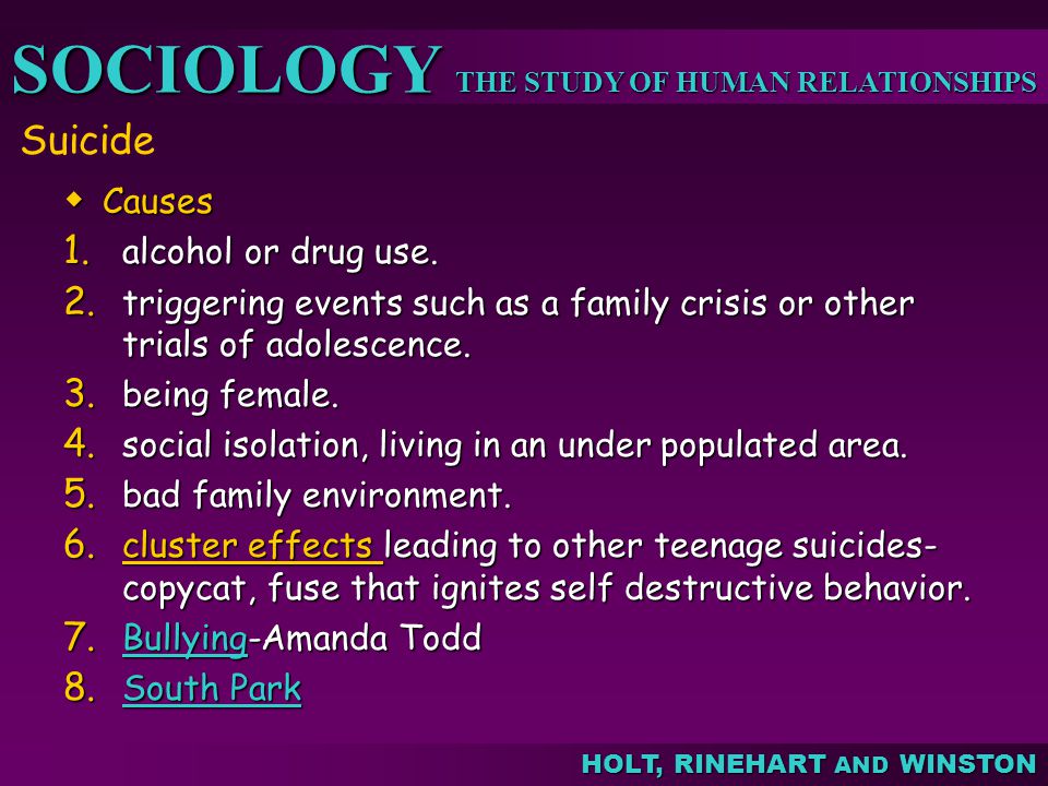 Suicide Causes alcohol or drug use.